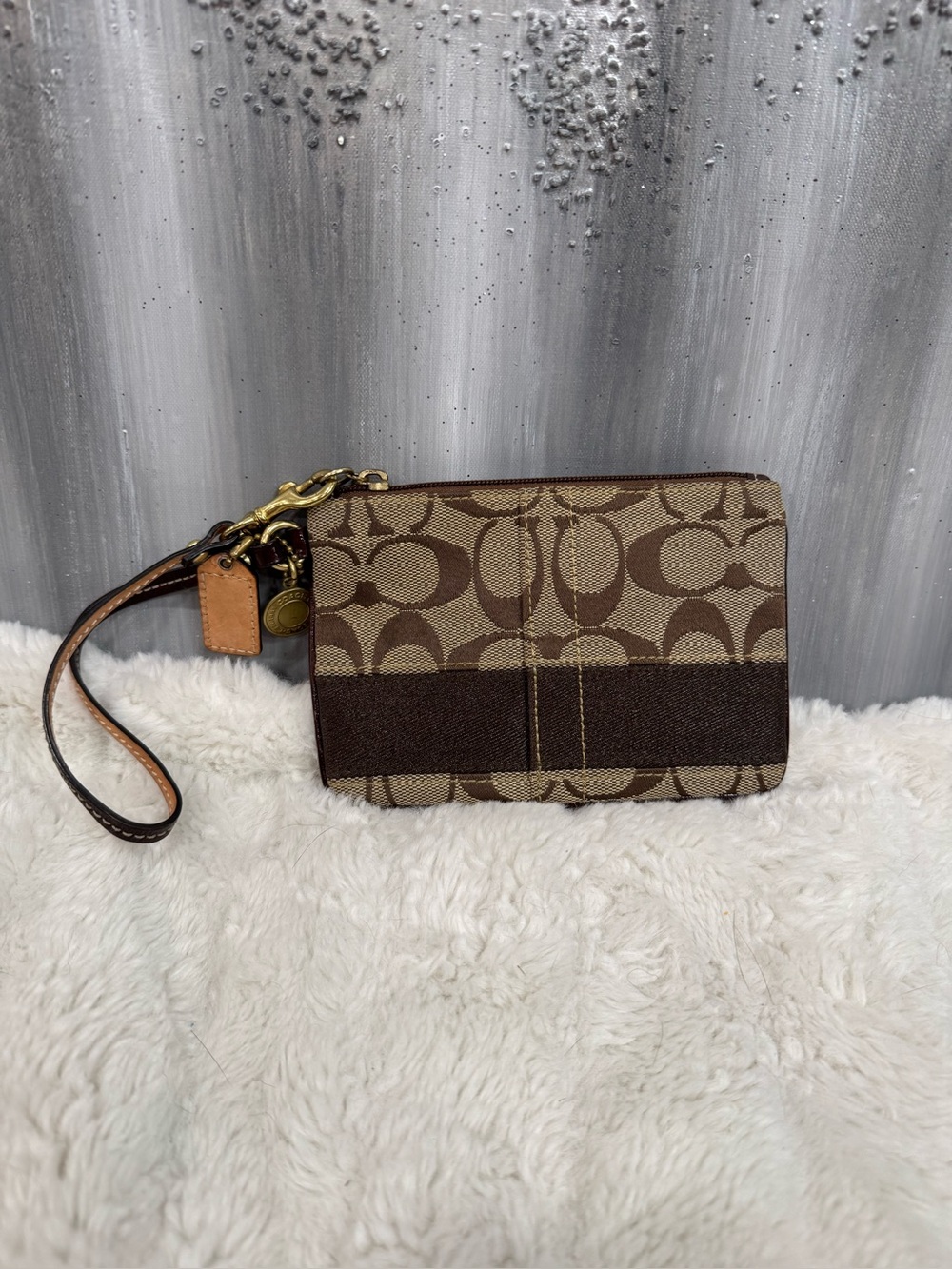 Coach Signature Canvas Wristlet in Khaki and Brown with Leather Strap